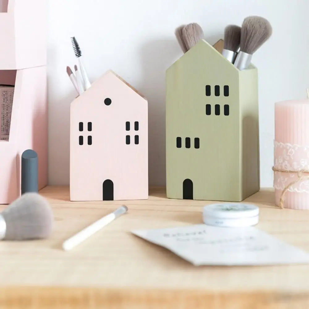 High-Quality Cartoon House Wooden Pen Holder