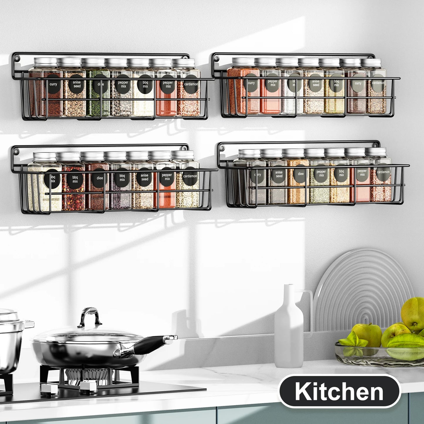 4pcs Wall-Mounted Kitchen Spice Organizer Racks