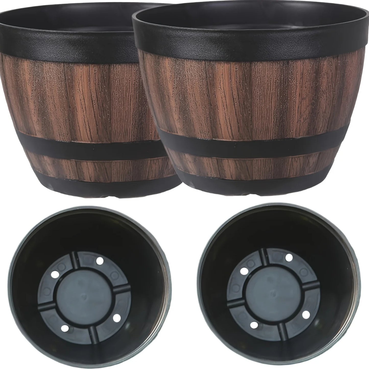 Set of 2 vintage whisky barrel planters, garden flower pots with drainage holes, plastic oval plant containers