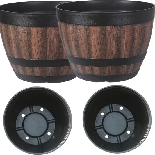 Set of 2 vintage whisky barrel planters, garden flower pots with drainage holes, plastic oval plant containers