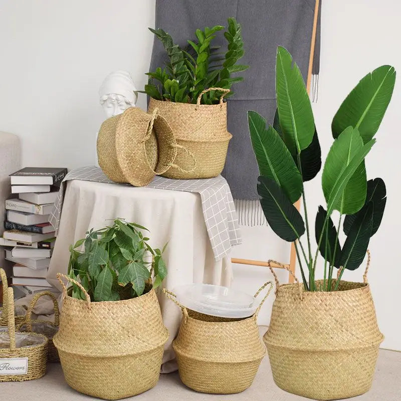 Seagrass Rattan Basket Foldable Wicker Organizer Handmade Plant Pot Laundry Bin Decorative Boho Style for Garden Home Decor