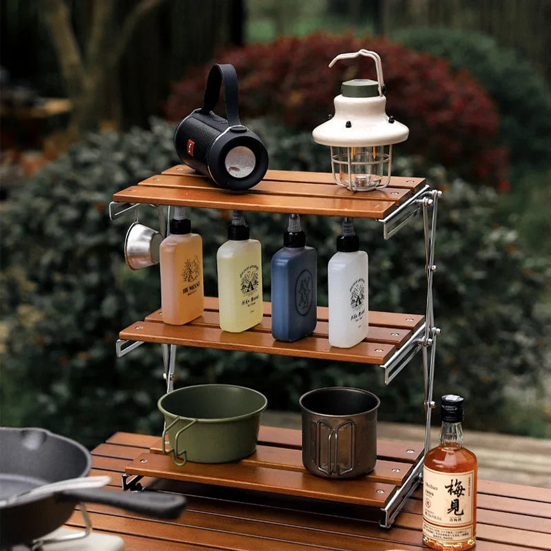 Outdoor Camping Three-layer Storage Rack Solid Wood Foldable Portable Camping Folding Table Multi-layer Multi-function