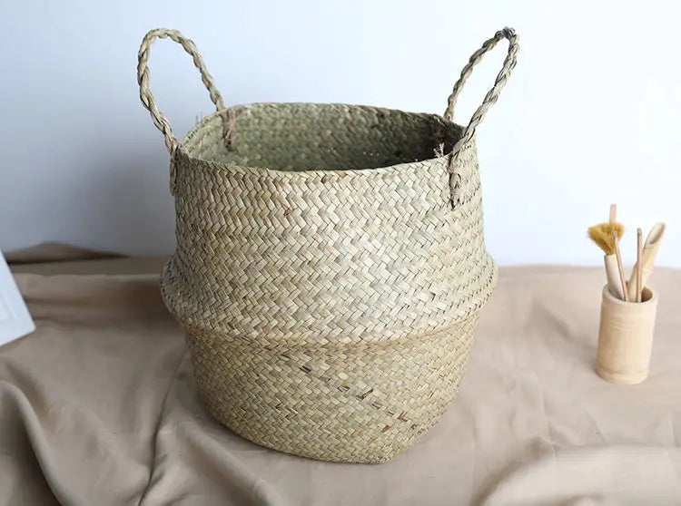 Seagrass Rattan Basket Foldable Wicker Organizer Handmade Plant Pot Laundry Bin Decorative Boho Style for Garden Home Decor