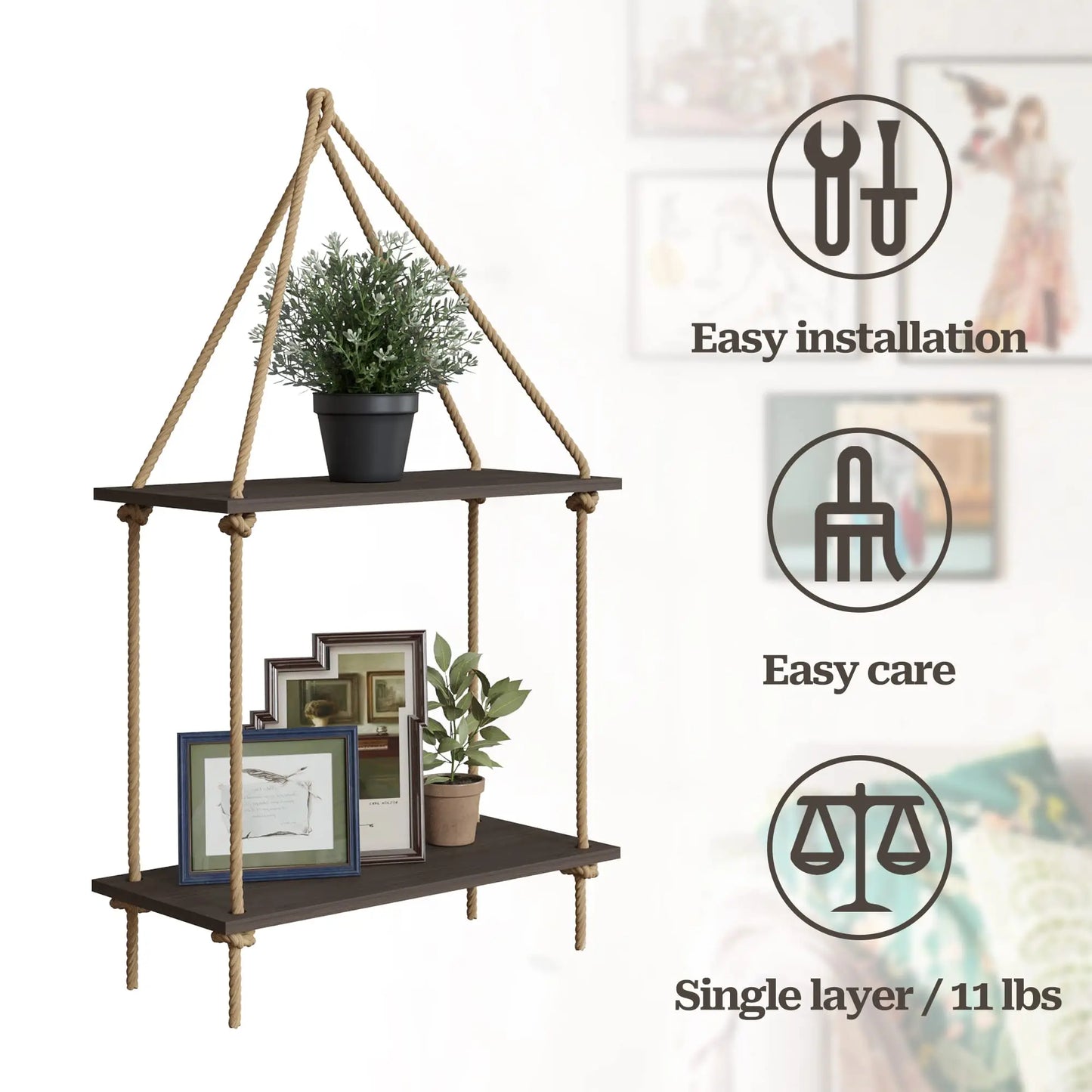 Woven Macrame Hanging Wall Shelf