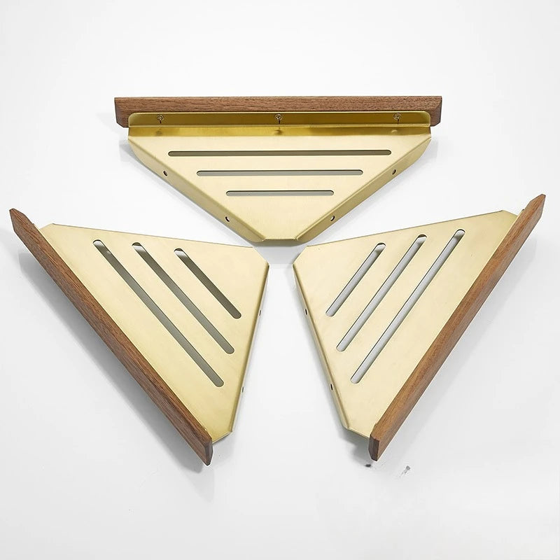 Walnut Brushed Gold Bathroom corner Shelf