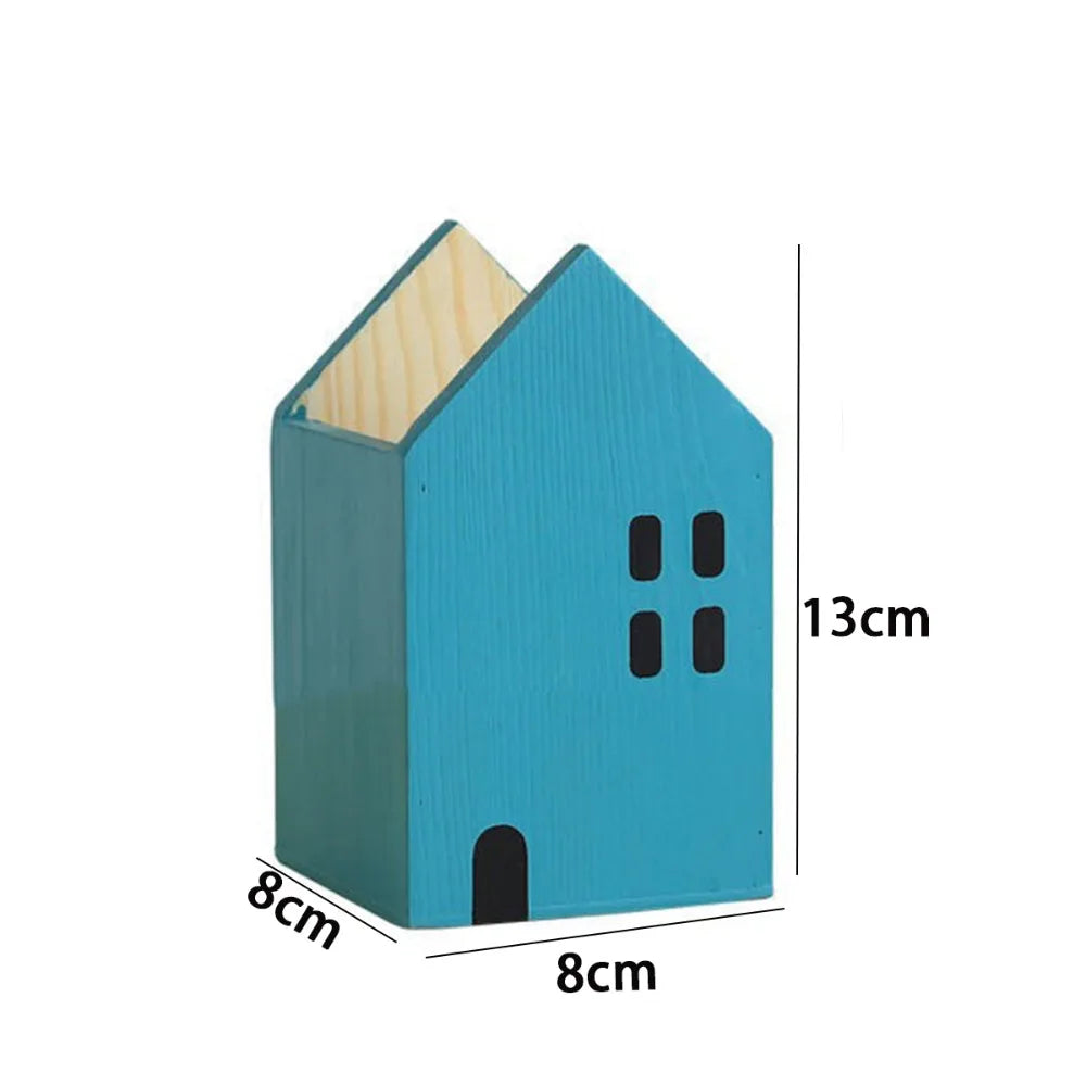 High-Quality Cartoon House Wooden Pen Holder