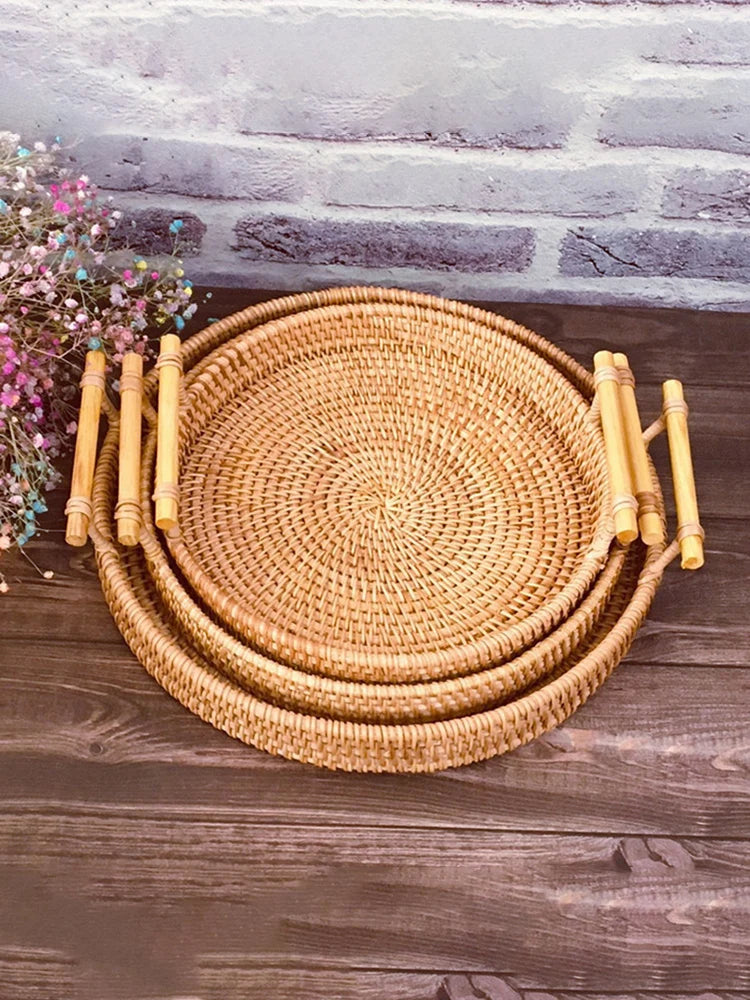 1PC Woven Rattan Storage Basket with Strap Handle round Tray for Bread Snacks Fruits Picnic - Home Organization Basket