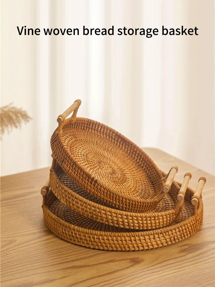 1PC Woven Rattan Storage Basket with Strap Handle round Tray for Bread Snacks Fruits Picnic - Home Organization Basket