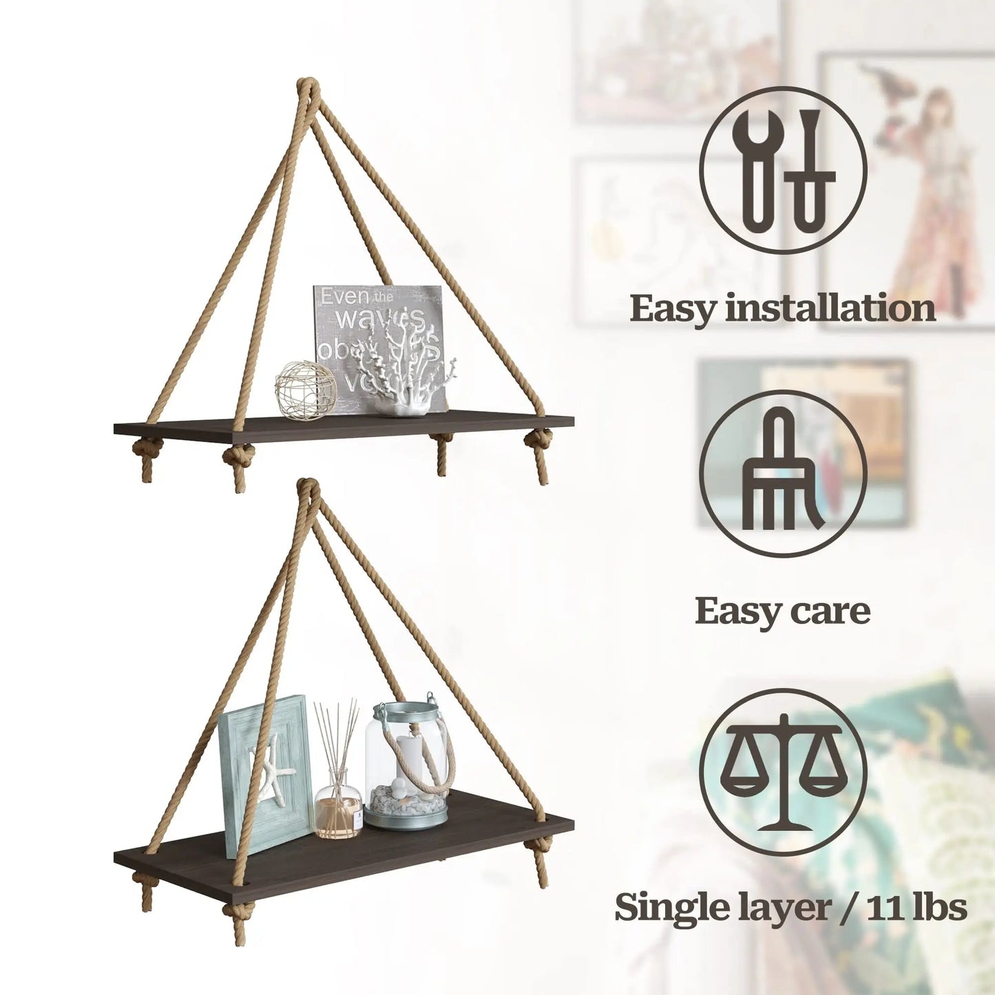 Woven Macrame Hanging Wall Shelf