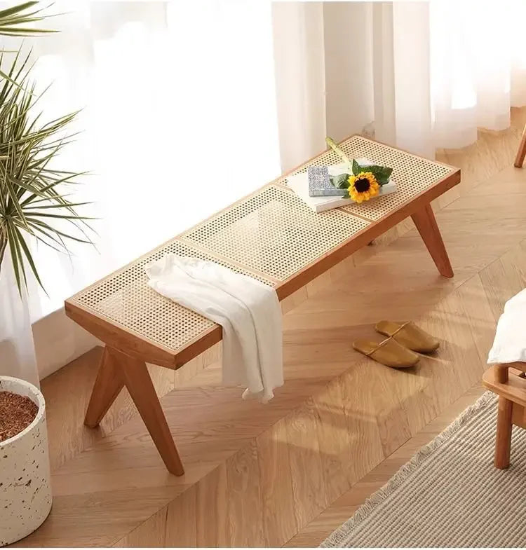 Nordic Solid Wood Rattan Woven Bench