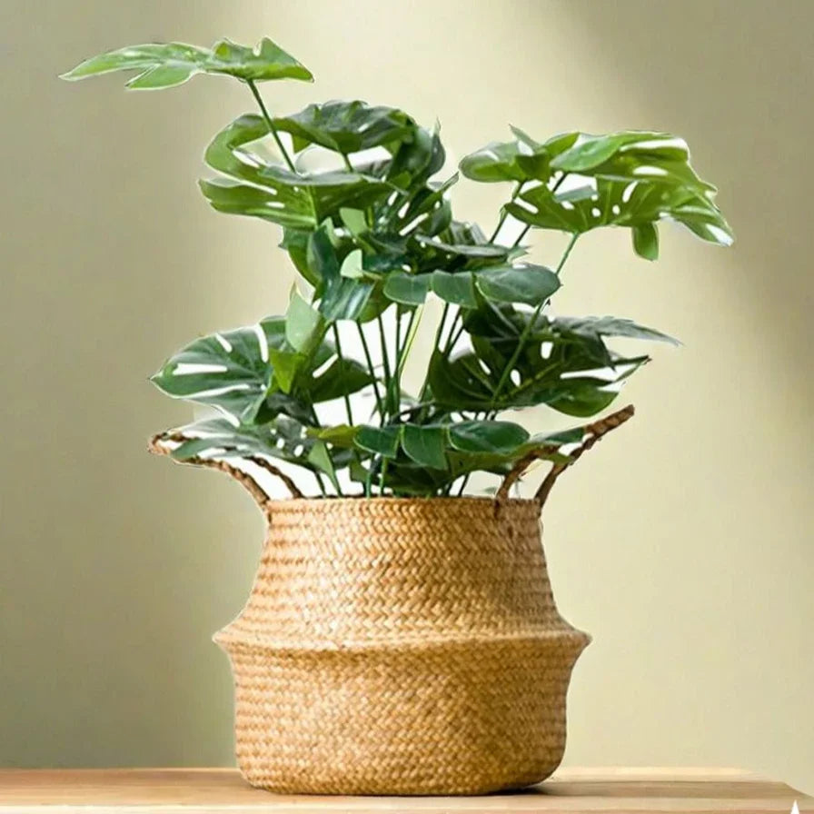 Seagrass Rattan Basket Foldable Wicker Organizer Handmade Plant Pot Laundry Bin Decorative Boho Style for Garden Home Decor