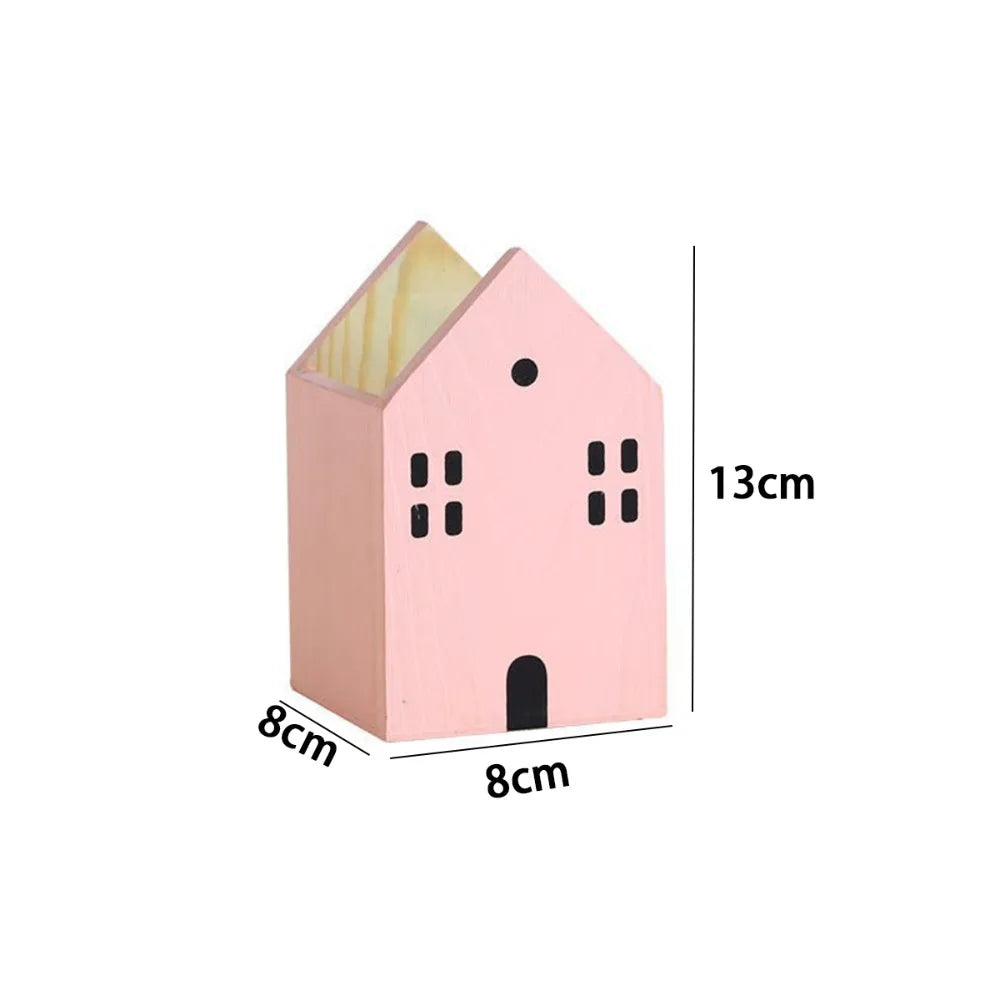 High-Quality Cartoon House Wooden Pen Holder