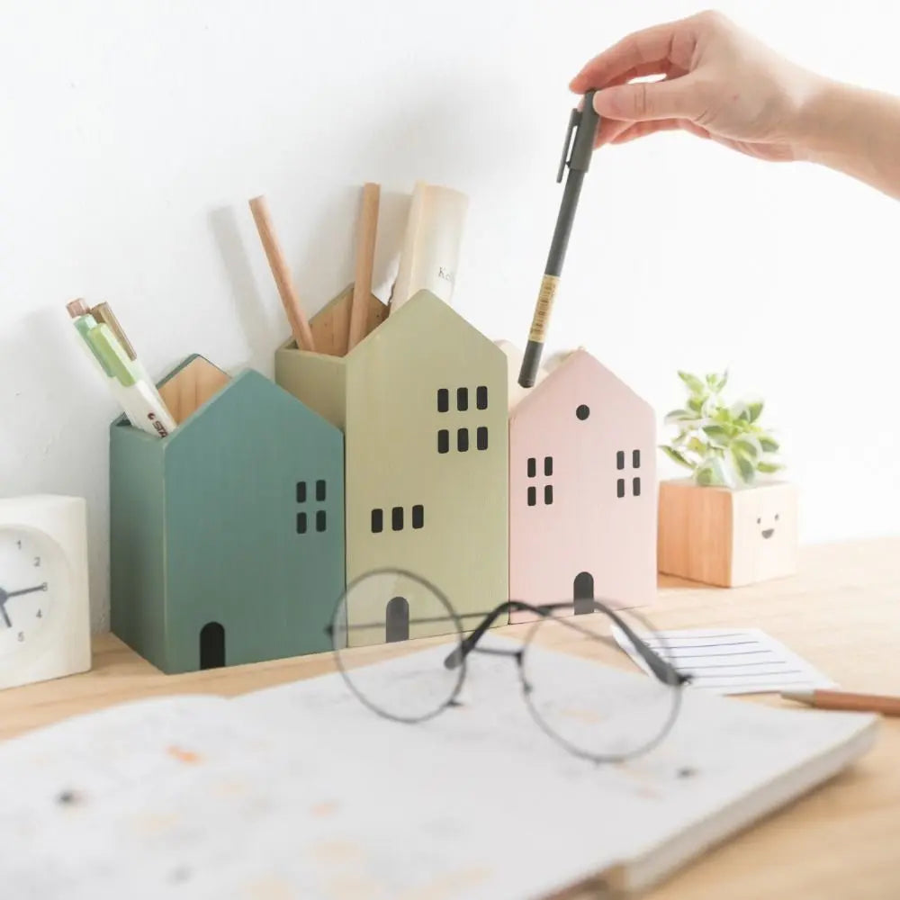 High-Quality Cartoon House Wooden Pen Holder