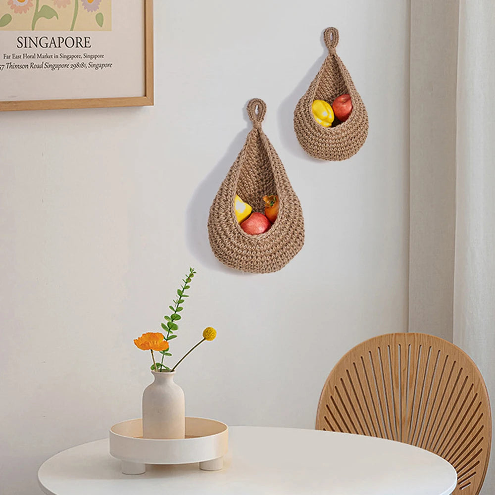 Water Drop Vegetable Fruit Storage Basket Cotton Hand-woven Kitchen Hanging Basket Wall Net Pocket Cotton Rope Home Decor Tool