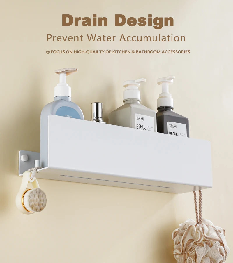 White Aluminium Corner Shower Shelf with Hooks
