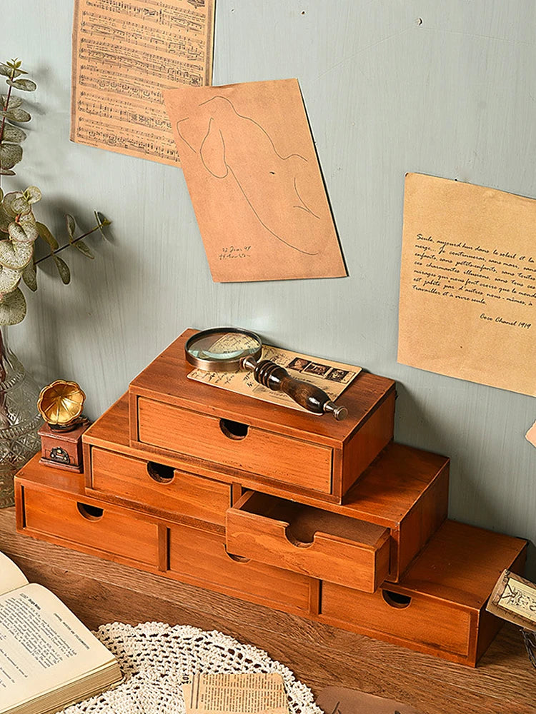 Retro Wooden Drawer Desk Organizer