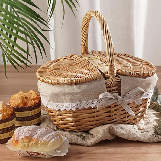 Willow Woven Wicker Picnic Basket With Lids Outdoor Shopping Double-lid Camping Large Capacity Fruit Storage Container Basket