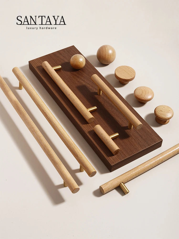 Nordic Walnut Wood Handle T bar Drawer Knobs Cupboard Long Pulls Kitchen Cabinet Door Handle Furniture Decorate Pulls and Knob