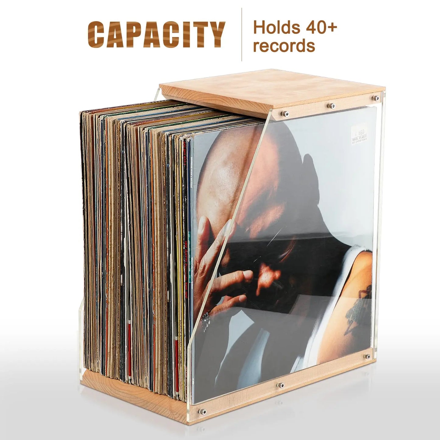 Vinyl Record Storage, Vinyl Record Album Holder, Box Case Crate, Desktop Acrylic & Wooden LP Record Crate, Holds to 40+ Records