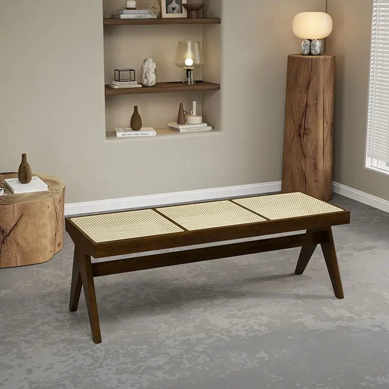 Solid Wood Rattan Bench Living Room Chairs Long Bench Japanese Bed End Bench Retro Chaise Lounge Stool House Furniture Ottoman