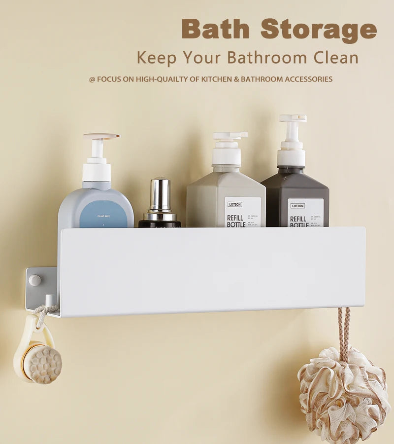 White Aluminium Corner Shower Shelf with Hooks