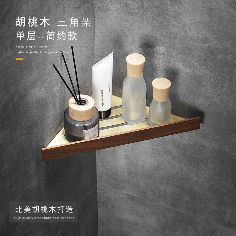 Walnut Brushed Gold Bathroom corner Shelf