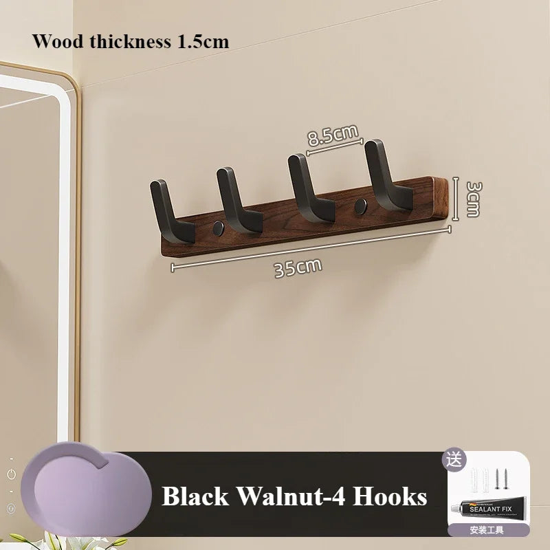 Walnut Hook for Bathroom Towel, Coat Hook, Living Room, Door Back, Clothes, Simple Black Storage, Save Space, No Punching