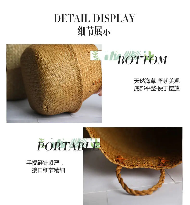 Seagrass Rattan Basket Foldable Wicker Organizer Handmade Plant Pot Laundry Bin Decorative Boho Style for Garden Home Decor