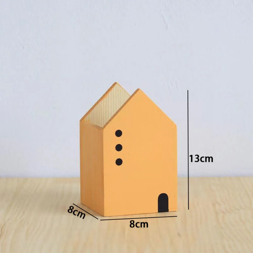 High-Quality Cartoon House Wooden Pen Holder