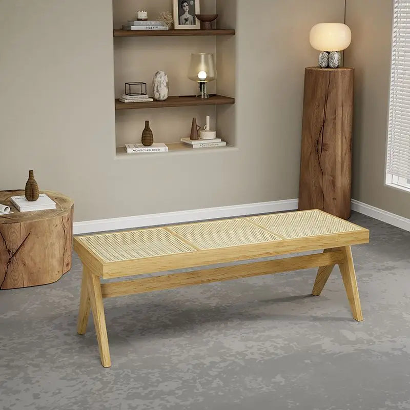 Solid Wood Rattan Bench Living Room Chairs Long Bench Japanese Bed End Bench Retro Chaise Lounge Stool House Furniture Ottoman