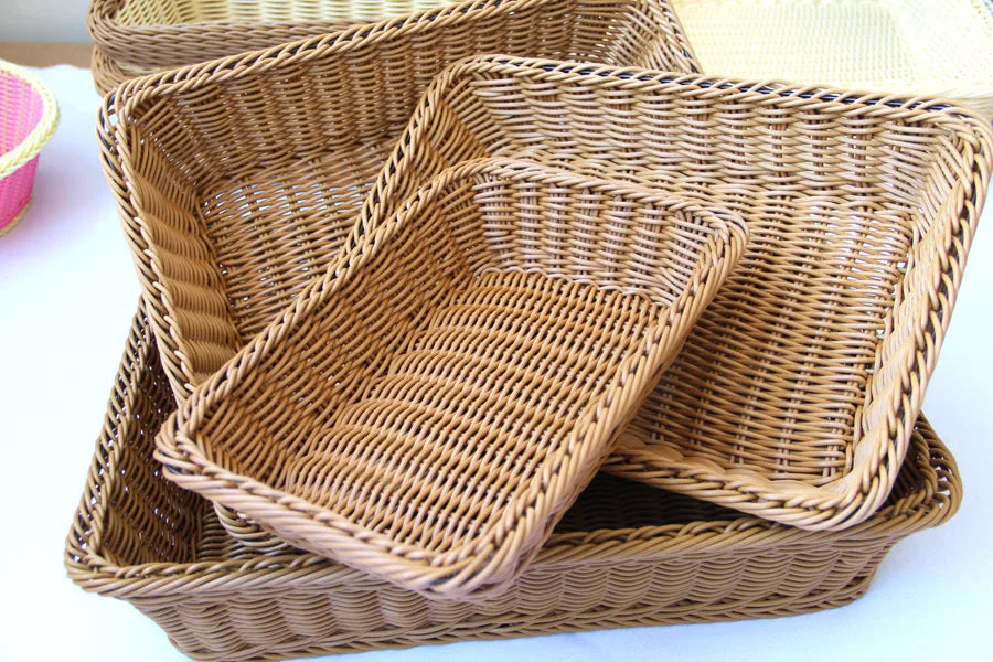 Hand-woven Imitation Rattan Wicker Basket Rectangular Storage Box Fruit Tea Snack Bread Basket Cosmetic House Kitchen Supplies