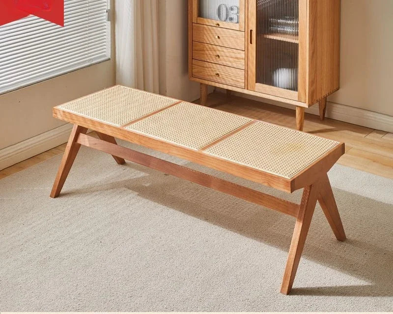 Nordic Solid Wood Rattan Woven Bench