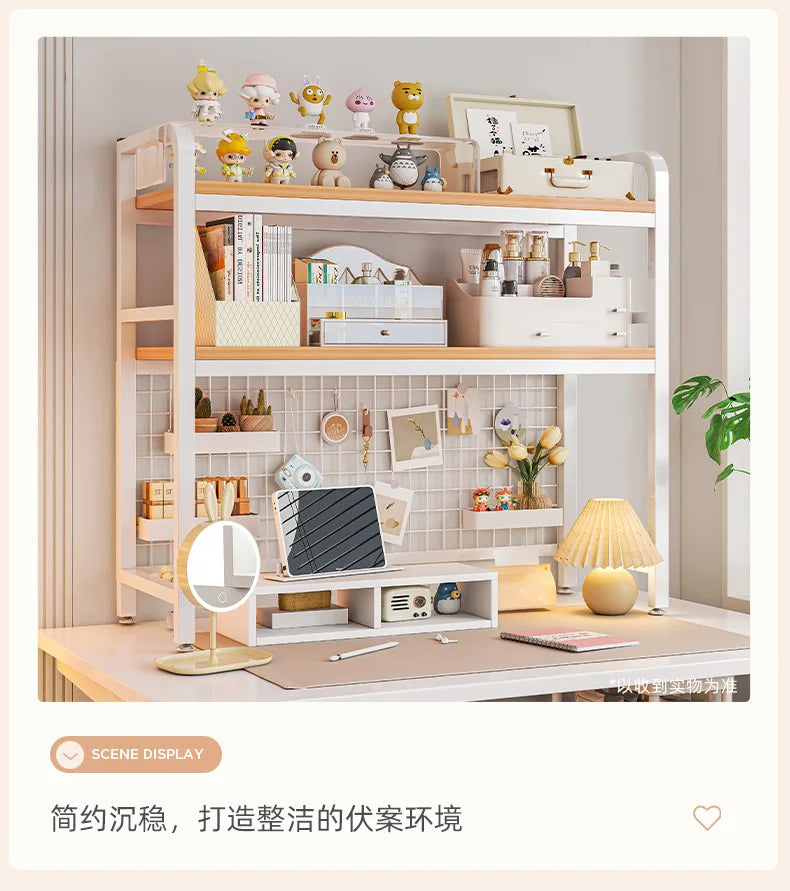 Bookshelf Bookcase With Grid Desktop Multi-layer Wrought Iron Shelf Student Computer Desk Table Hole Board Table Wooden Shelves