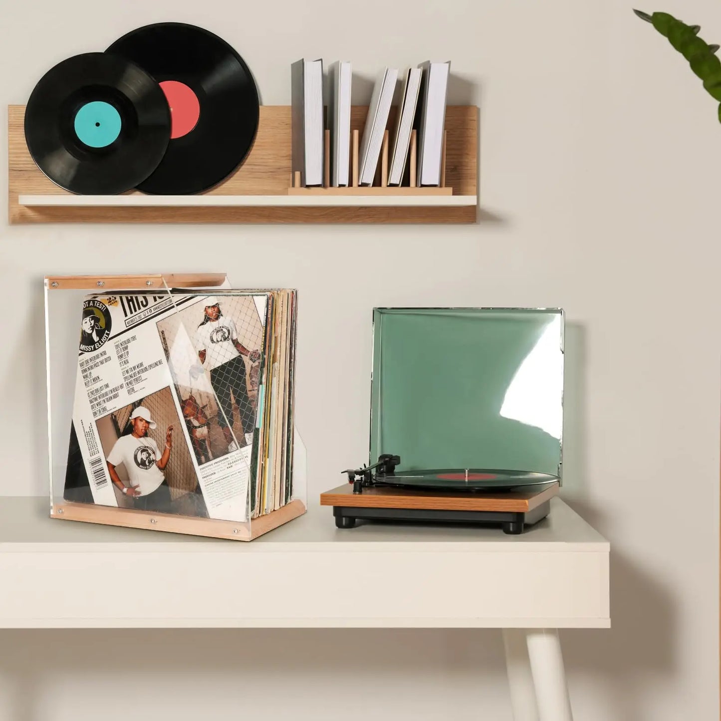 Vinyl Record Storage, Vinyl Record Album Holder, Box Case Crate, Desktop Acrylic & Wooden LP Record Crate, Holds to 40+ Records