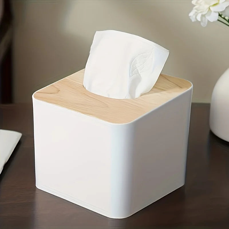 1pc/2pcs-Nordic Style Plastic Tissue Box with Wooden Cover - Paper Box for Restaurants and Rooms - Tissue Storage