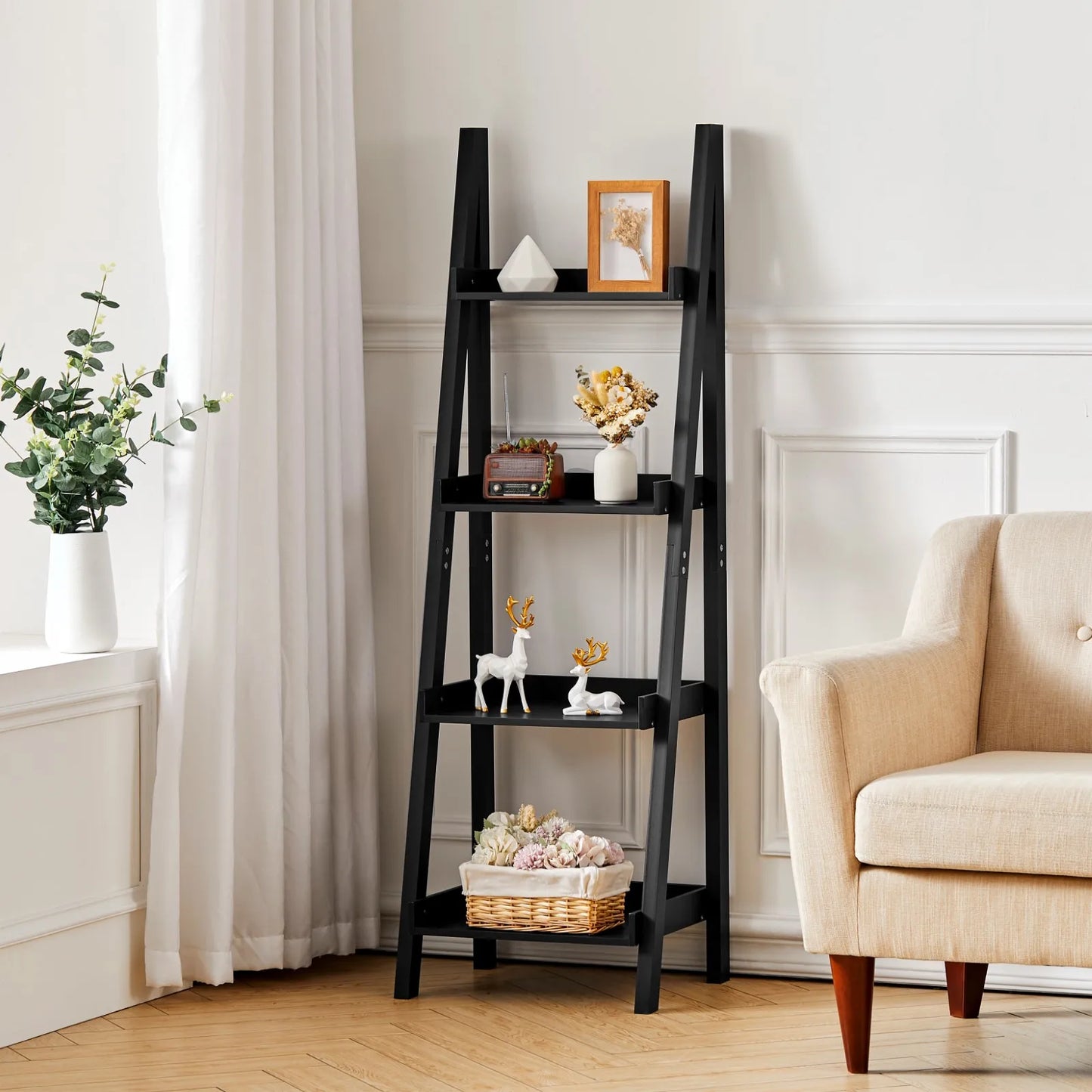 【Breeins】4-Tier Wooden Display Ladder Shelf for Home Storage Organizer Rack Home Decoration For Home Office