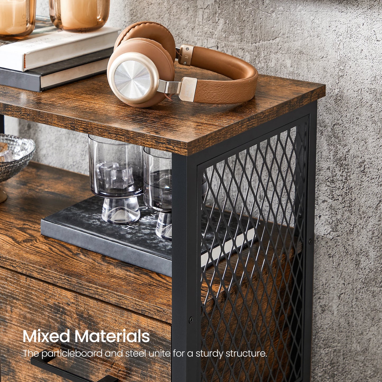 VASAGLE Storage Cabinet, Multipurpose Sideboard with Drawer and Adjustable Shelf, Bathroom Cabinet, Steel Frame