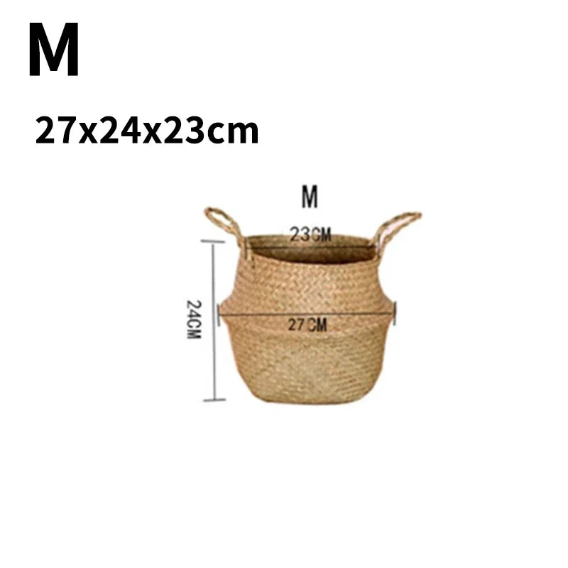 Seagrass Rattan Basket Foldable Wicker Organizer Handmade Plant Pot Laundry Bin Decorative Boho Style for Garden Home Decor