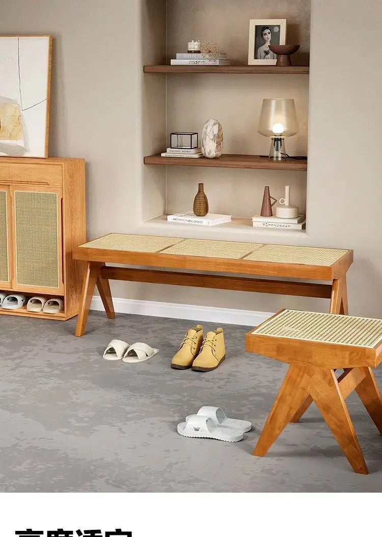 Solid Wood Rattan Bench Living Room Chairs Long Bench Japanese Bed End Bench Retro Chaise Lounge Stool House Furniture Ottoman