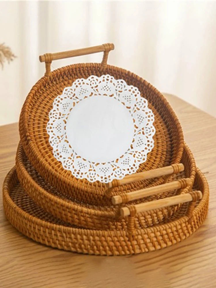 1PC Woven Rattan Storage Basket with Strap Handle round Tray for Bread Snacks Fruits Picnic - Home Organization Basket