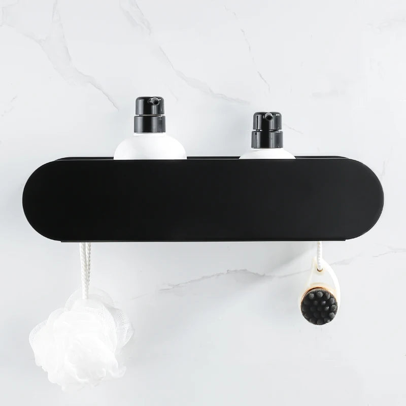 Black Aluminium Shower Caddy Shelf with Hooks