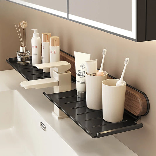 Walnut Wall-Mounted Toilet & Sink Shelf