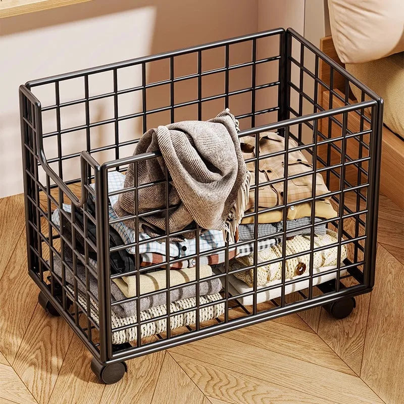 Removable Vegetable Fruit Storage Basket Rack Rolling Laundry Hamper Bathroom Foldable Iron Wire Dirty Clothes Hamper Organizer