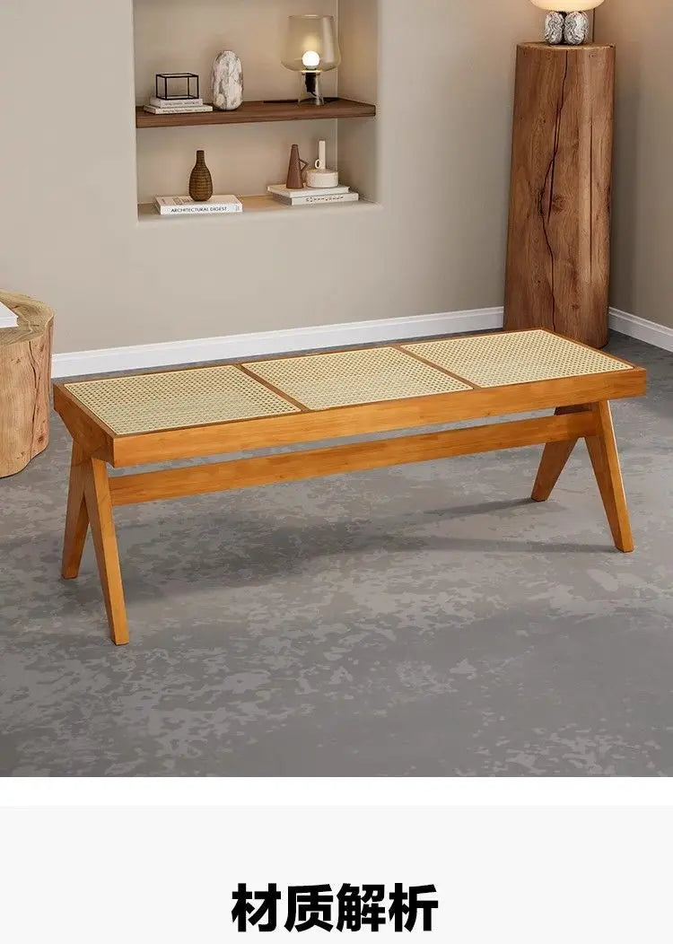 Solid Wood Rattan Bench Living Room Chairs Long Bench Japanese Bed End Bench Retro Chaise Lounge Stool House Furniture Ottoman