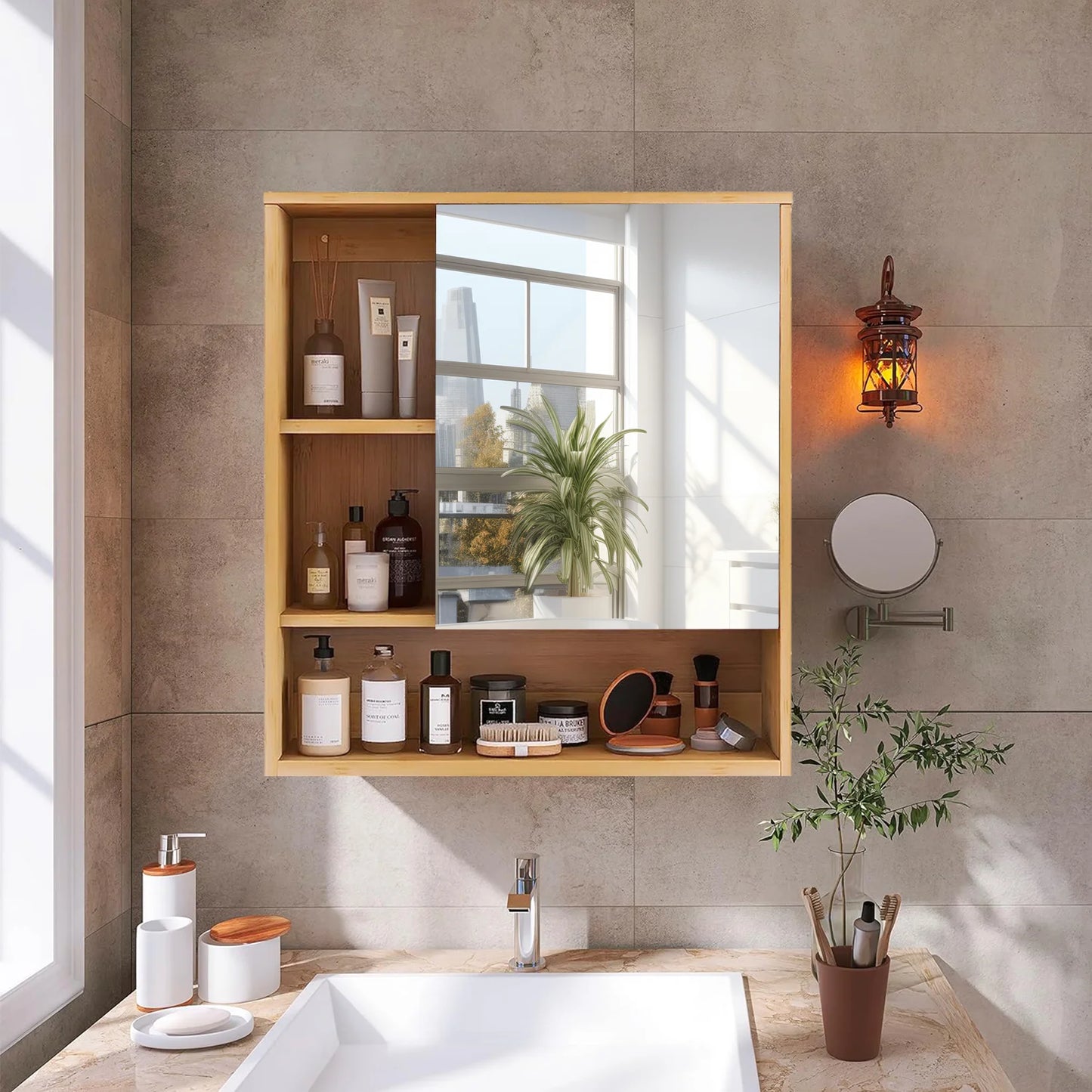 Wall Medicine Cabinet Natural Bamboo Bathroom Storage Cabinet with Mirror