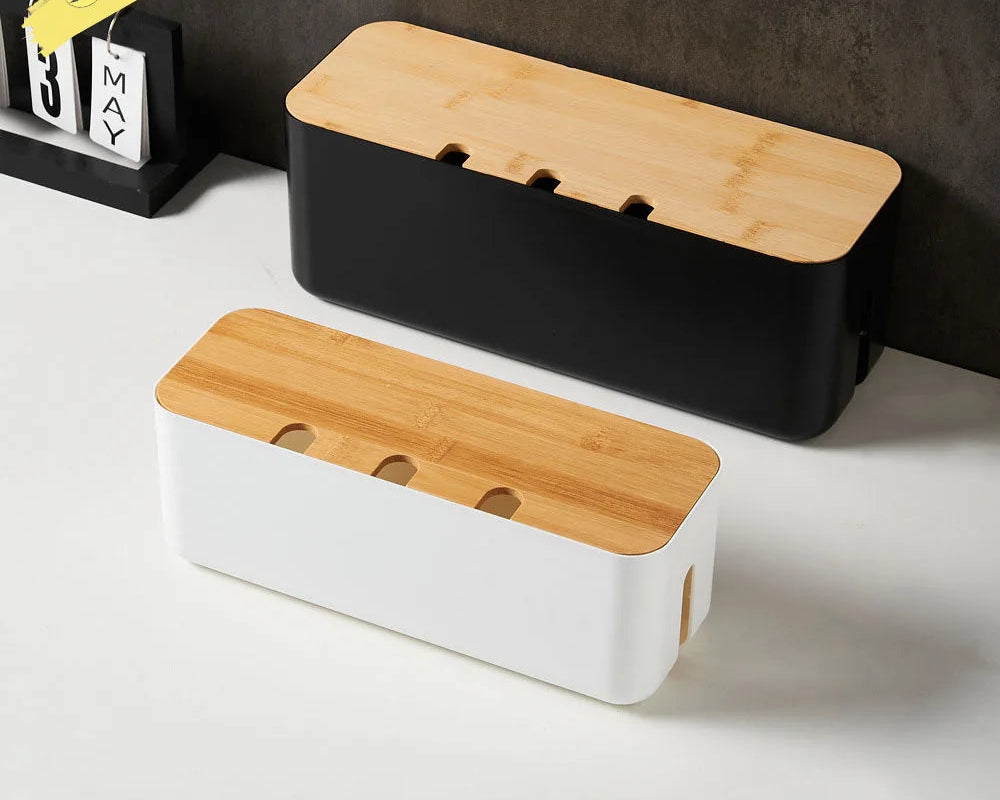 Cable Management Box with Wooden Lid