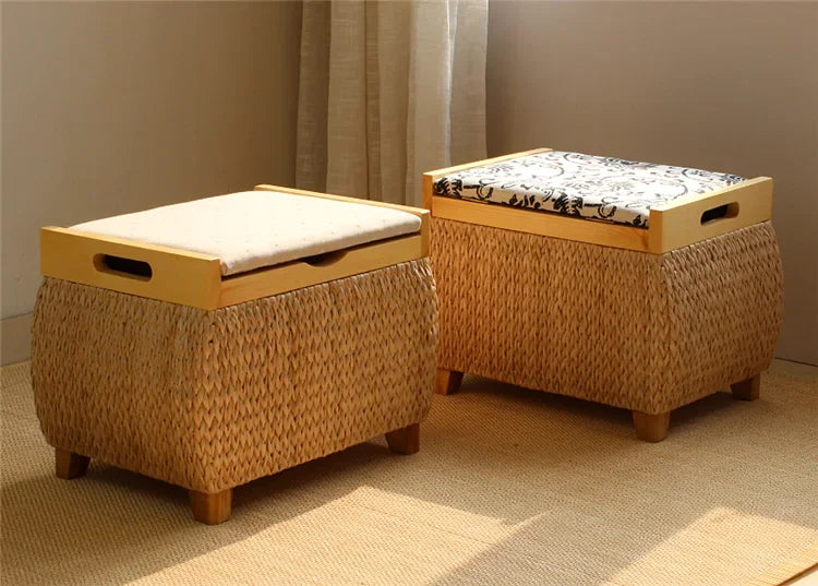 Handwoven Natural Rush Storage Stool