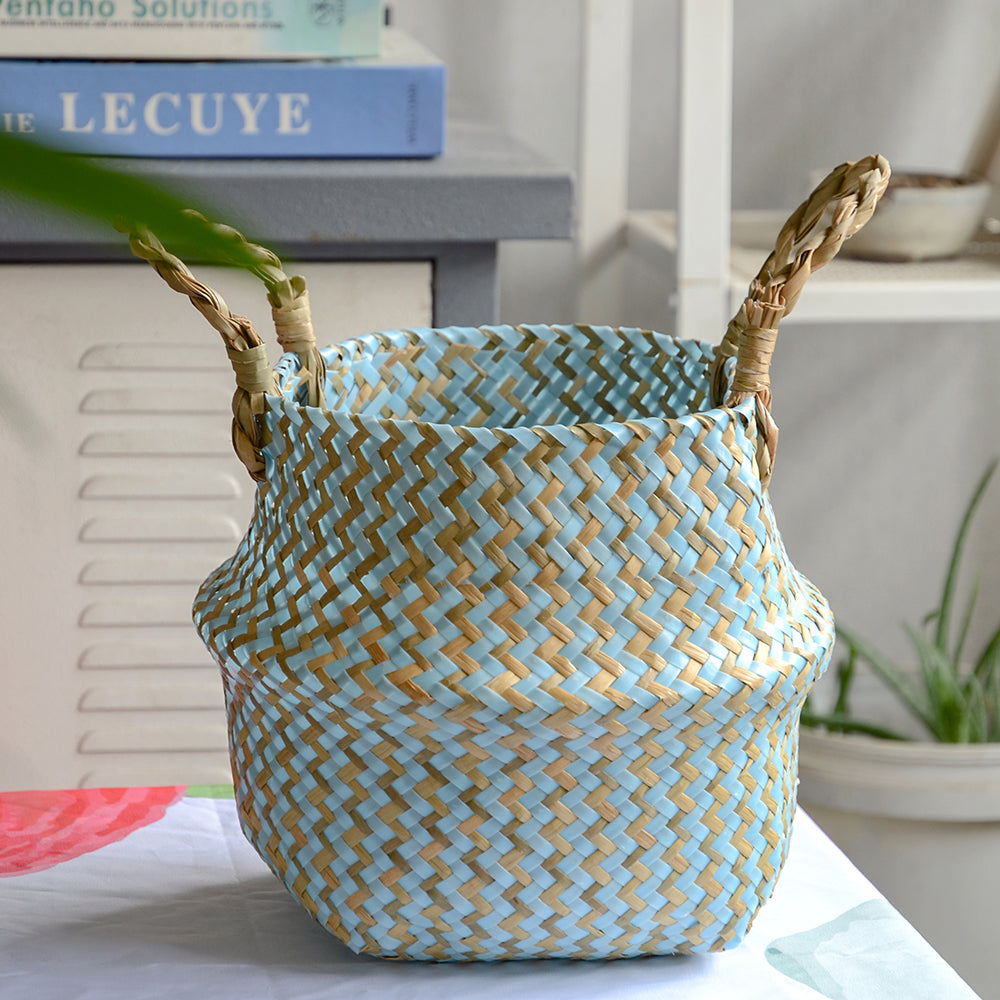 Boho Decor Striped Wicker Storage Baskets Handmade Collapsible Laundry Basket Patchwork Seaweed Flower Belly Garden Flower Pot