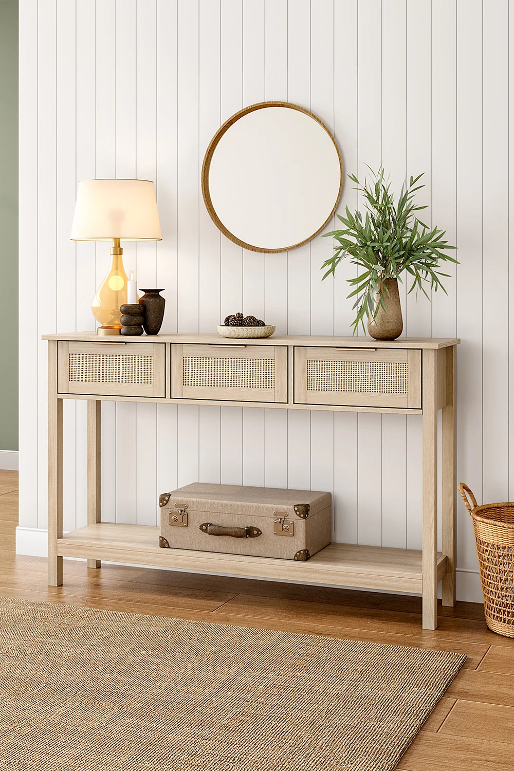 【Lifeideas】Rustic Wood Console Table with 3 Rattan Drawer Livingroom Bedroom Decoration Storage Cabinet