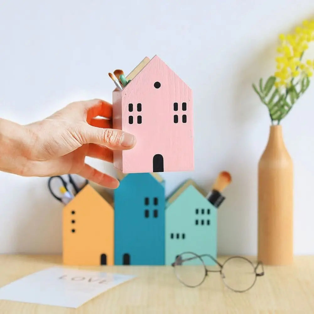 High-Quality Cartoon House Wooden Pen Holder